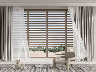 Grey Curtains With White Sheer Panels And Wooden Window Slats In Cozy Room Interior 3d model