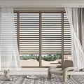 Grey Curtains With White Sheer Panels And Wooden Window Slats In Cozy Room Interior