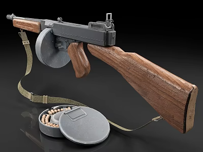 Vintage Submachine Gun With Wooden Stock Drum Magazine Leather Strap And Ammunition Box 3d model