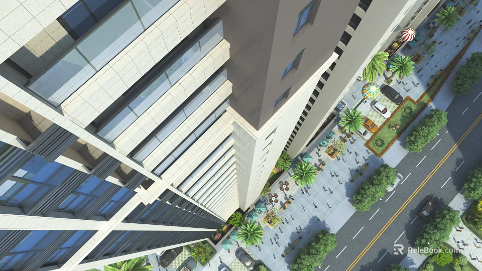 Modern Urban Commercial Complex Featuring Tall Buildings Greenery And Pedestrian Zones 3d model 