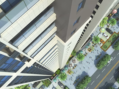 Modern Urban Commercial Complex Featuring Tall Buildings Greenery And Pedestrian Zones 3d model