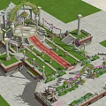 Enchanting Garden Landscape with Flower Arch Stone Columns Red Carpet Lanterns and Mountain View