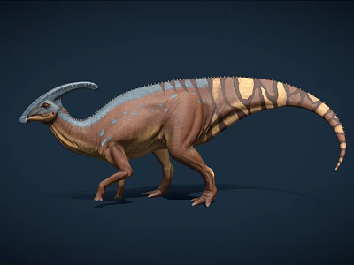 Realistic 3D Dinosaur Model With Long Curved Crest And Brown Blue Yellow Stripes 3d model