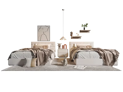 Modern Bedroom Interior With Two Single Beds Nightstand Pendant Light Wall Art And Plant 3d model