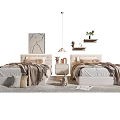 Modern Bedroom Interior With Two Single Beds Nightstand Pendant Light Wall Art And Plant