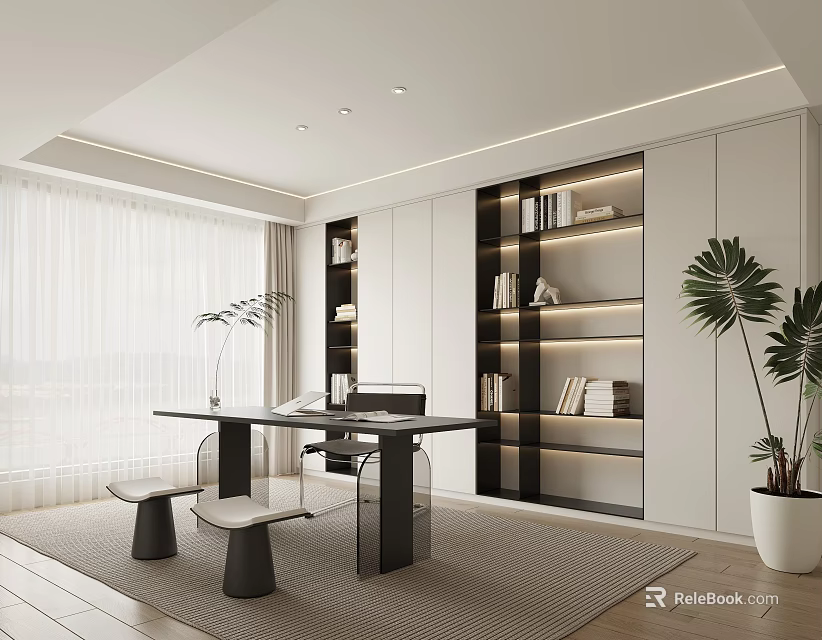 Modern Study Room With Bookshelves Plants And Large Window 3d model