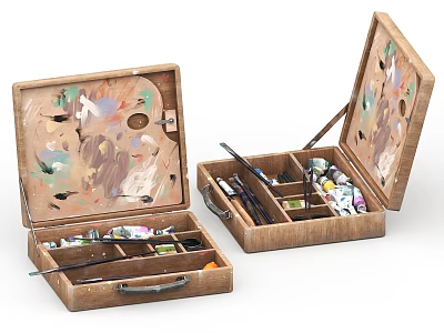 Open Wooden Art Supplies Case With Paint Tubes Brushes And Palette Storage 3d model