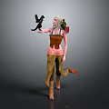 Fantasy Game And Movie Character With Green Hair Brown Top Green Pants Holding Black Creature