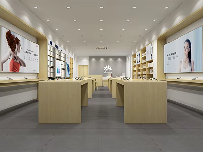 Modern Digital Store Interior Layout With Wooden Display Counters And Advertising Screens 3d model