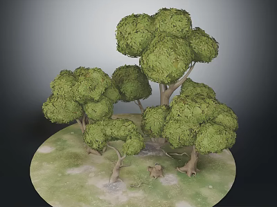 Lush Green Trees with Rounded Spherical Canopies on Circular Grass Base with Stones and Animals 3d model