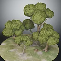 Lush Green Trees with Rounded Spherical Canopies on Circular Grass Base with Stones and Animals