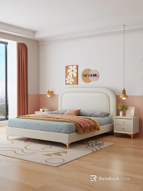 Kids Room Interior With Soft Bed Bedding Nightstand Curtains And Decorative Wall Art 3d model 