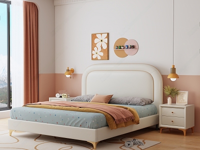 Children's Room Children's Bed Leather Bedside Cabinet Bedside Chandelier Carpet Wooden Floor 3d model