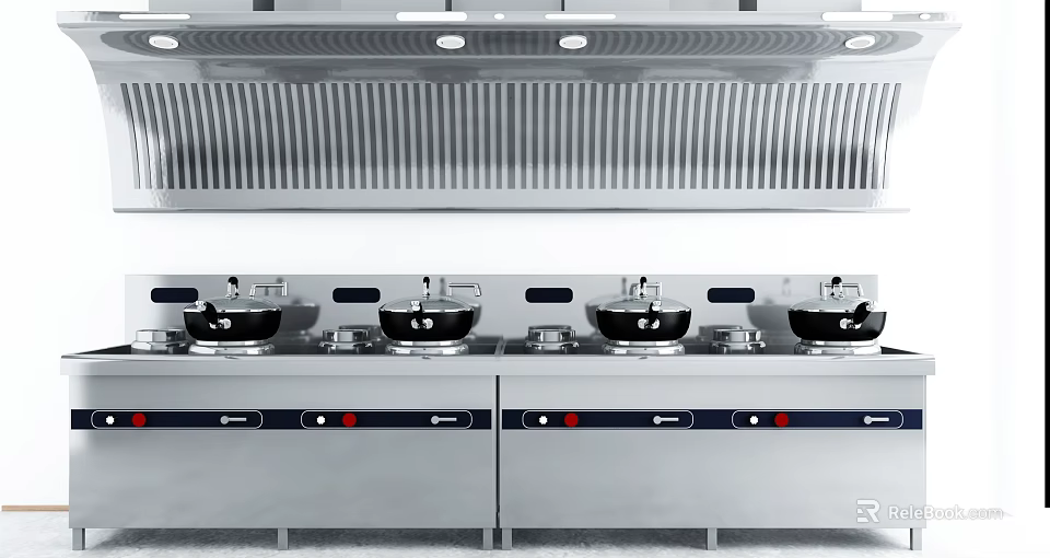 Stainless Steel Cabinets in Commercial Kitchen with Stoves and Range Hood 3d model 
