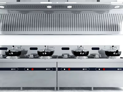 Stainless Steel Cabinets in Commercial Kitchen with Stoves and Range Hood 3d model
