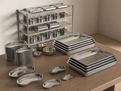 Stainless Steel Tableware Set with Trays Bowls Plates on Wooden Table and Metal Shelf 3d model