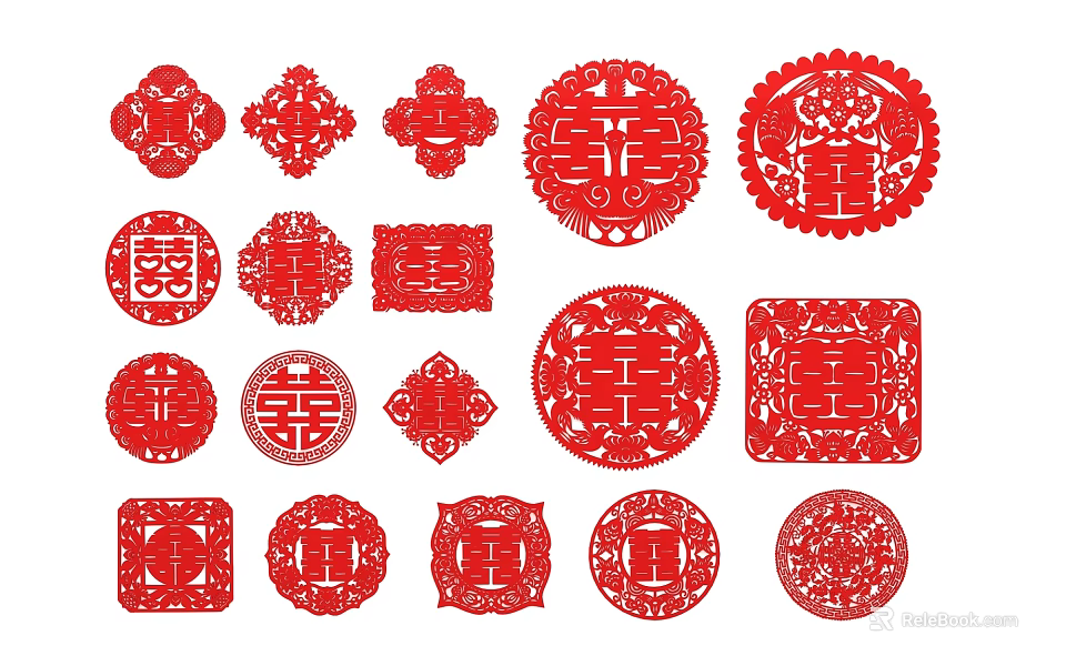 Traditional Chinese Red Paper Cuts with Double Happiness Characters and Ornate Patterns 3d model 