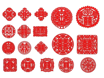 Traditional Chinese Red Paper Cuts with Double Happiness Characters and Ornate Patterns 3d model