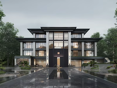 Modern Traditional Chinese Single Family Villa With Large Glass Windows Courtyard Water Feature And Trees 3d model