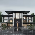 Modern Traditional Chinese Single Family Villa With Large Glass Windows Courtyard Water Feature And Trees