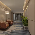 Hotel Corridor With Blue White Patterned Carpet Neutral Walls Wooden Doors And Recessed Lighting