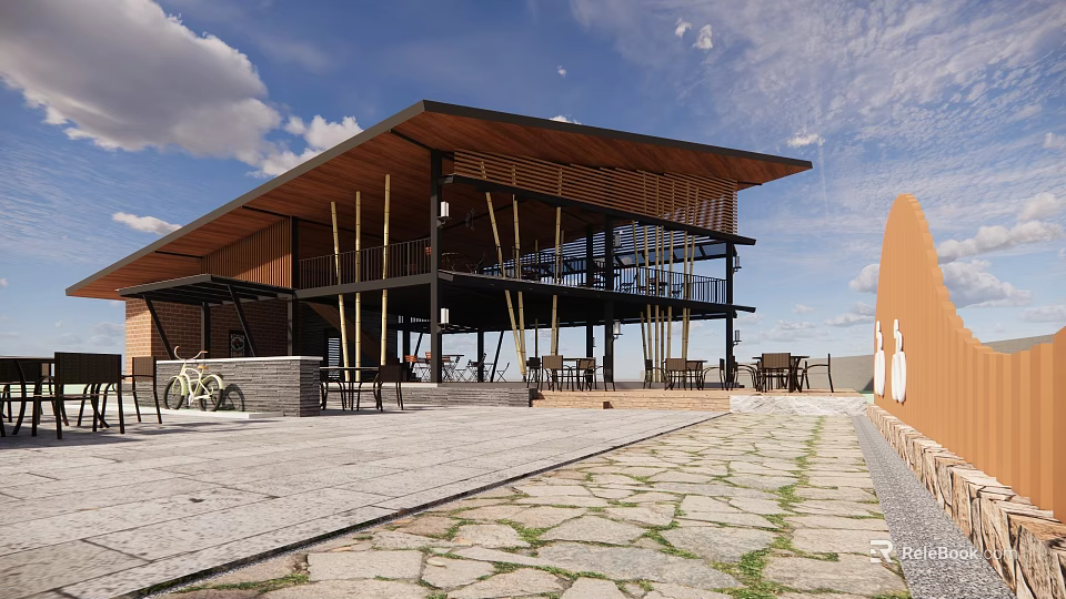 Modern Visitor Center With Wooden Roof Outdoor Seating Stone Paved Ground Bicycles And Blue Sky 3d model 