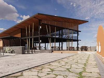 Modern Visitor Center With Wooden Roof Outdoor Seating Stone Paved Ground Bicycles And Blue Sky 3d model