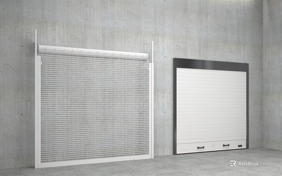 White Frame Louvered And Flat Roller Doors On Gray Wall With Black Trim Handles 3d model 