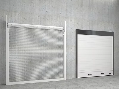 White Frame Louvered And Flat Roller Doors On Gray Wall With Black Trim Handles 3d model