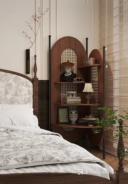 Decorative Wooden Shelf In Bedroom With Statue Books Lamp Vase And Plant 3d model 