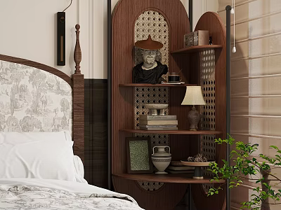 Decorative Wooden Shelf In Bedroom With Statue Books Lamp Vase And Plant 3d model