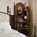 Decorative Wooden Shelf In Bedroom With Statue Books Lamp Vase And Plant