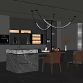 Modern Italian Island Table Restaurant Dark Style Restaurant Open Restaurant Island Table and Chair Dining Table and Chair Combination Marble Island Table and Side Cabinet Chandelier 3d model