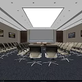 Traditional Chinese Meeting Room With Beige Walls Square Skylight Ceiling White Sofas And Green Plants