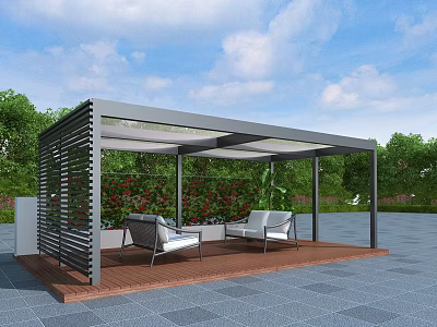 Modern Outdoor Pergola With Metal Frame Transparent Canopy Wooden Floor Greenery And Seats 3d model