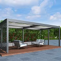 Modern Outdoor Pergola With Metal Frame Transparent Canopy Wooden Floor Greenery And Seats