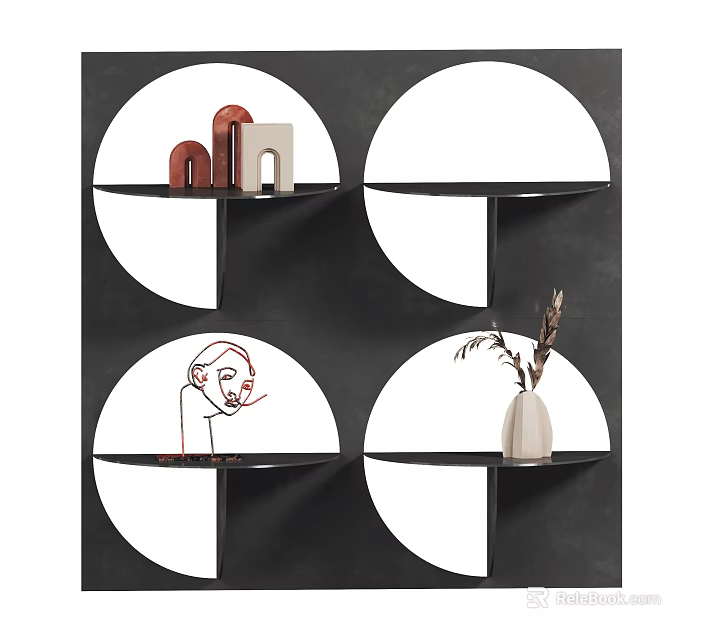 Decorative Ornament Set on Black Circular Shelves with Geometric Ornaments Line Art and White Vase 3d model 