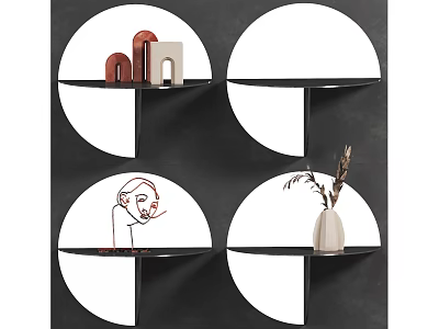Decorative Ornament Set on Black Circular Shelves with Geometric Ornaments Line Art and White Vase 3d model