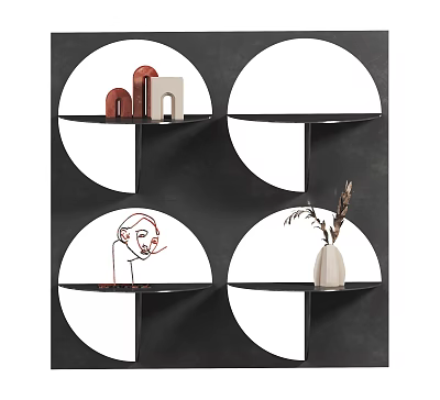 Decorative Ornament Set on Black Circular Shelves with Geometric Ornaments Line Art and White Vase 3d model