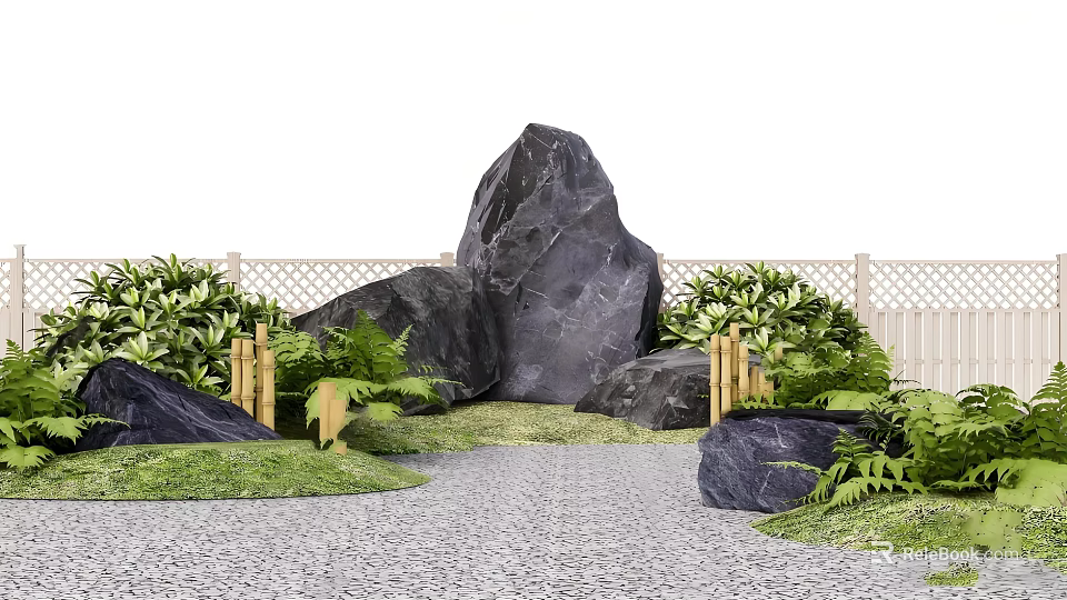 Natural Rockery Stones Surrounded by Lush Greenery Wooden Fence and Pebble Garden Path 3d model 