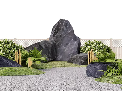 Natural Rockery Stones Surrounded by Lush Greenery Wooden Fence and Pebble Garden Path 3d model