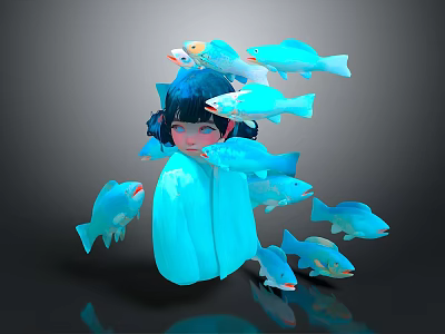 Woman In Blue Cloak Surrounded By Glowing Blue Fish On Dark Background 3d model