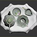 Porcelain Tea Set With Pink Floral Design Teapot Creamer Cup Saucer On White Napkin