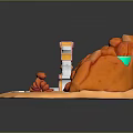 Cartoon Style Scenic Landscape With Orange Rocks Green Water Streams And Central Golden Structure