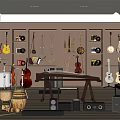 Musical Instruments And Art Supplies Display Room With Hanging Guitars Violins Drums And Piano