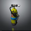 Yellow Scuba Tank With Black Hose Top Valve Decorative Graphics And Blue Bands