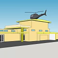 Yellow Detached Villa With Helicopter On Roof Multiple Doors Windows And Person At Entrance
