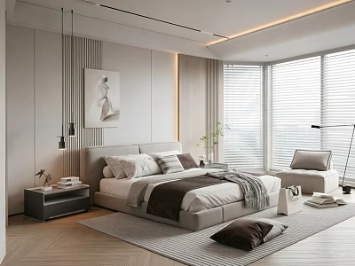 Modern Neutral Tone Living Room Interior Design With Large Floor Window And Cozy Soft Furnishings 3d model