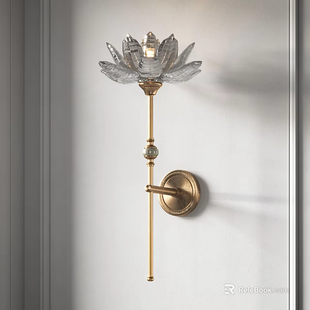 Elegant Lotus Shaped Crystal Wall Light With Gold Base Mounted On White Wall 3d model 