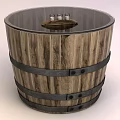 Wooden Barrel Shaped Coffee Table With Black Top Metal Bands And Wine Glasses
